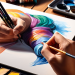 **Vibrant Instagram art post:** Close-up of an artist's hands creating a painting with excellent lighting. Include sketches and art supplies in the background. Focus on the artistic process.