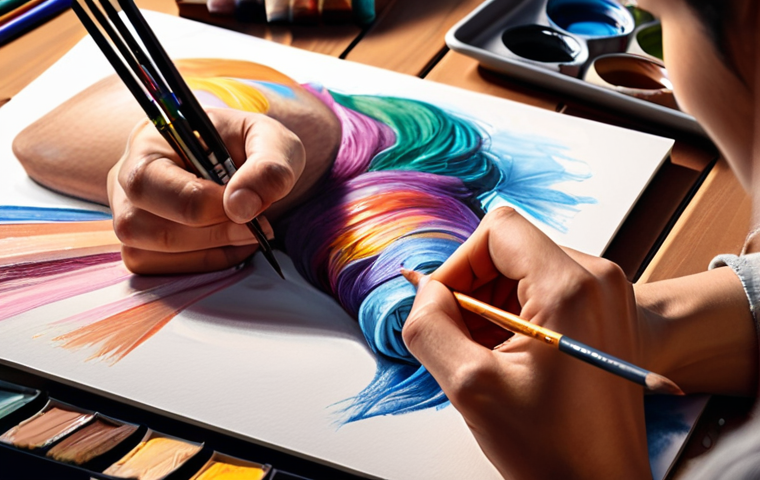 **Vibrant Instagram art post:** Close-up of an artist's hands creating a painting with excellent lighting. Include sketches and art supplies in the background. Focus on the artistic process.