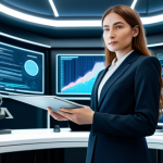 A professional female attorney in a modest business suit, fully clothed, standing confidently in a futuristic law office, surrounded by holographic displays showcasing digital art and blockchain data. She holds a tablet displaying a legal document related to intellectual property rights for AI-generated art. The scene is well-lit, emphasizing a blend of technology and legal tradition. Perfect anatomy, correct proportions, natural pose, well-formed hands, proper finger count, natural body proportions, professional photography, high quality, safe for work, appropriate content, fully clothed, professional, modest.