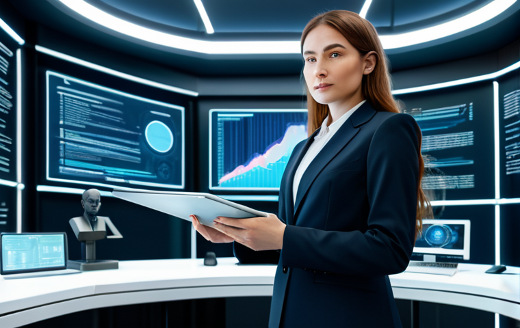 A professional female attorney in a modest business suit, fully clothed, standing confidently in a futuristic law office, surrounded by holographic displays showcasing digital art and blockchain data. She holds a tablet displaying a legal document related to intellectual property rights for AI-generated art. The scene is well-lit, emphasizing a blend of technology and legal tradition. Perfect anatomy, correct proportions, natural pose, well-formed hands, proper finger count, natural body proportions, professional photography, high quality, safe for work, appropriate content, fully clothed, professional, modest.