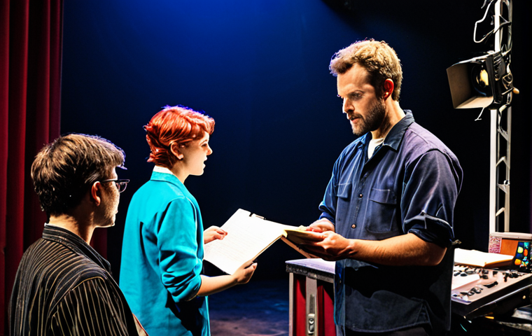 The Art of Stage Management**
"A brightly lit backstage scene of a theater, showing a stage manager (fully clothed, appropriate attire, professional) meticulously reviewing a script and headset, several crew members are adjusting lighting and props in the background. The atmosphere is one of focused energy and collaboration. Perfect anatomy, correct proportions, natural pose, well-formed hands, proper finger count, high resolution, detailed, vibrant colors, safe for work, appropriate content, family-friendly, professional."
**