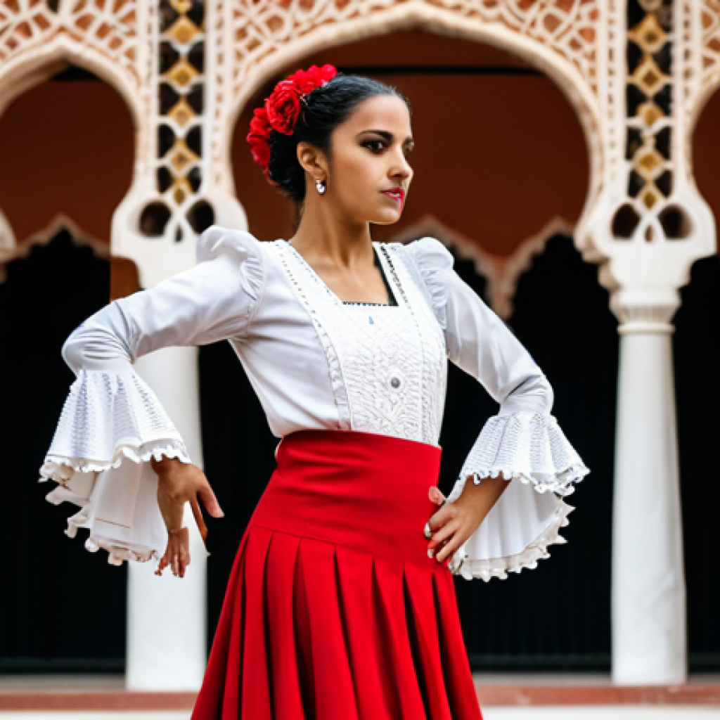 문화예술과 국제 교류 - "A vibrant flamenco dancer in a traditional, fully clothed Andalusian dress, performing on a stage w...