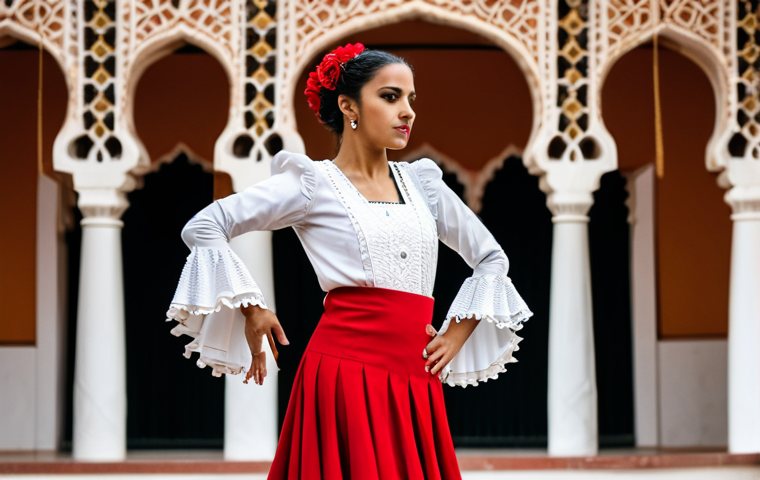 문화예술과 국제 교류 - "A vibrant flamenco dancer in a traditional, fully clothed Andalusian dress, performing on a stage w...