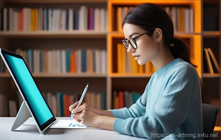 문화예술과 블록체인 - **A focused female digital artist in a modern, well-lit studio.** She is in her late 20s, wearing sm...