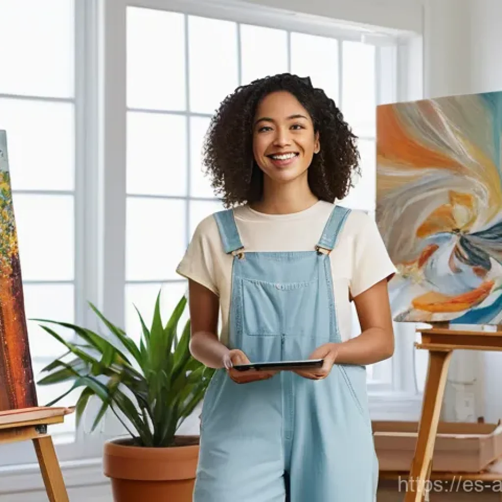 예술 시장과 경제 - **Prompt:** A diverse, young female artist, in her late 20s, with a warm smile, stands confidently i...