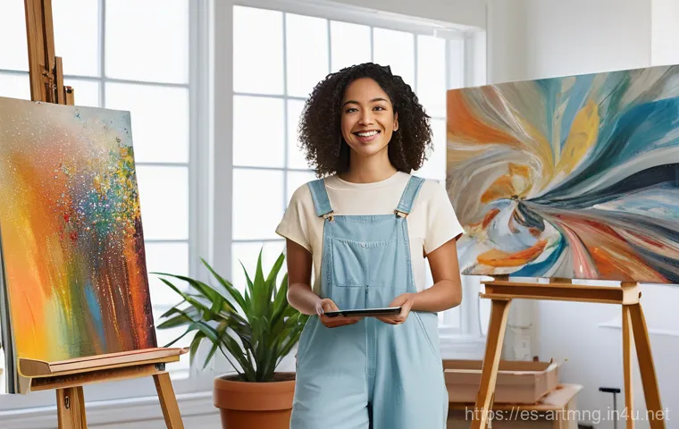 예술 시장과 경제 - **Prompt:** A diverse, young female artist, in her late 20s, with a warm smile, stands confidently i...