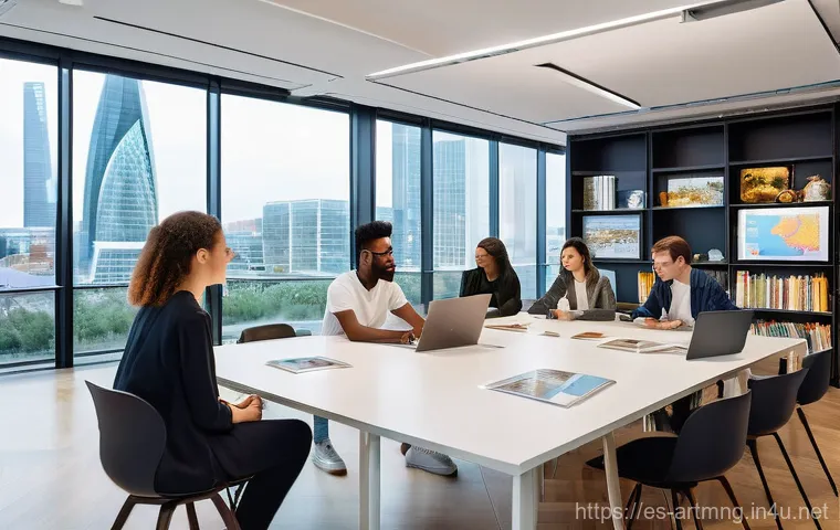 해외 예술경영 교육 과정 - **Prompt 1: Global Cultural Management Students in a Collaborative Hub**
    A bright, modern co-wor...