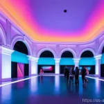 예술경영과 문화융합 사례 - A vibrant, futuristic art gallery, possibly set within a grand, historically inspired Spanish archit...