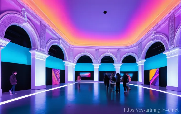 예술경영과 문화융합 사례 - A vibrant, futuristic art gallery, possibly set within a grand, historically inspired Spanish archit...