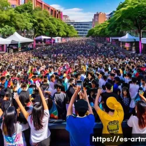 K POP과 문화산업 - A vibrant outdoor K-POP themed festival in Mexico City, featuring diverse young fans dressed in colo...