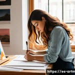 Home 18 예술 창작자의 법적 보호 - A professional Spanish artist’s cozy studio filled with canvases, brushes, and digital equipment, sh...