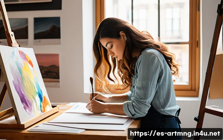 예술 창작자의 법적 보호 - A professional Spanish artist’s cozy studio filled with canvases, brushes, and digital equipment, sh...