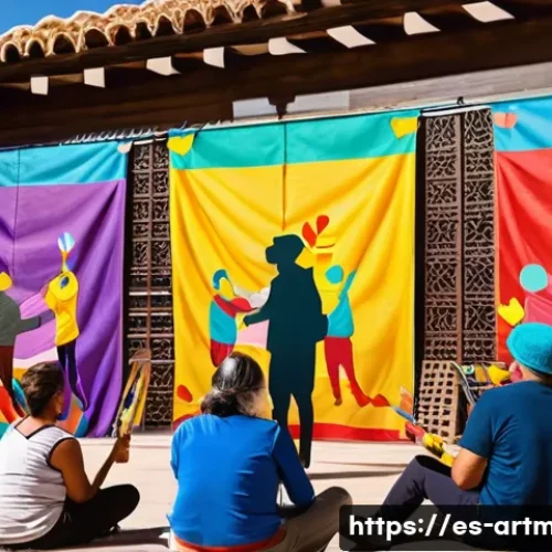 Home 17 예술경영과 공공기관 협력 - A vibrant cultural workshop scene in a sunny urban plaza in Spain, featuring diverse local artists c...
