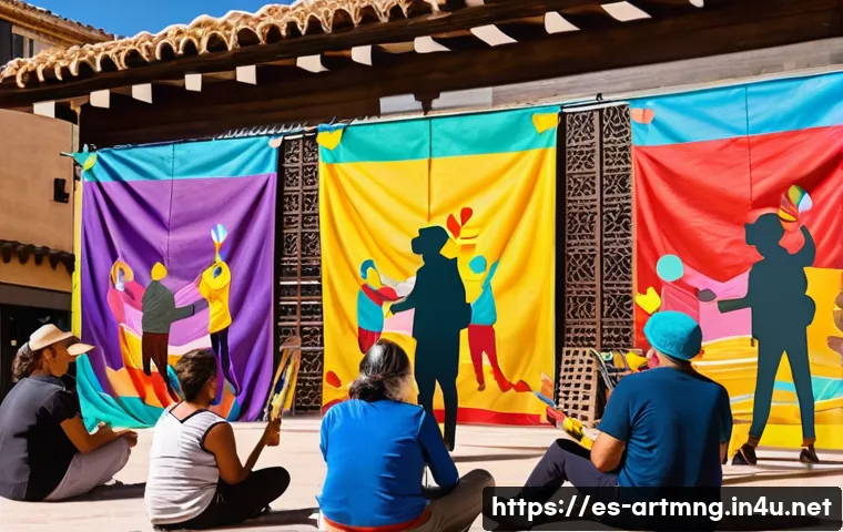 예술경영과 공공기관 협력 - A vibrant cultural workshop scene in a sunny urban plaza in Spain, featuring diverse local artists c...