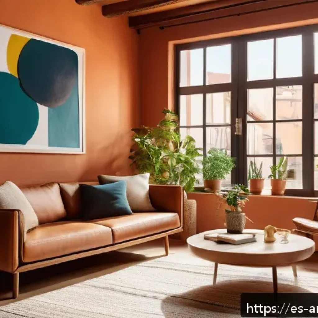 예술과 구독 경제 - A modern living room in a Spanish-style apartment, featuring warm terracotta walls and rustic wooden...