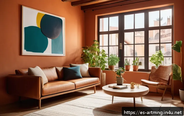 예술과 구독 경제 - A modern living room in a Spanish-style apartment, featuring warm terracotta walls and rustic wooden...