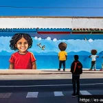 Home 23 지역 문화예술 활성화 사례 - A vibrant urban street scene in Valencia featuring a large community mural painted on a once gray wa...