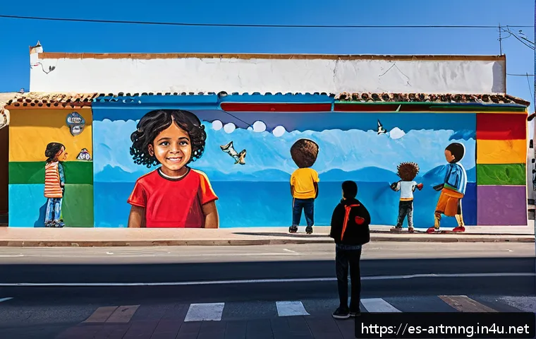 지역 문화예술 활성화 사례 - A vibrant urban street scene in Valencia featuring a large community mural painted on a once gray wa...