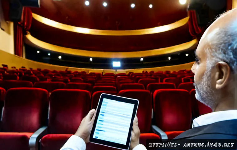 Home 17 공연예술 경영 - Photorealistic performing arts manager in a modern Spanish theater auditorium, reviewing seating pla...