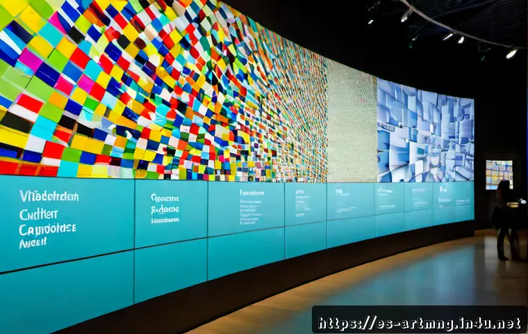 문화예술 데이터 시각화 - Photorealistic contemporary cultural arts museum in Madrid, Spain, an elegant interactive data visua...