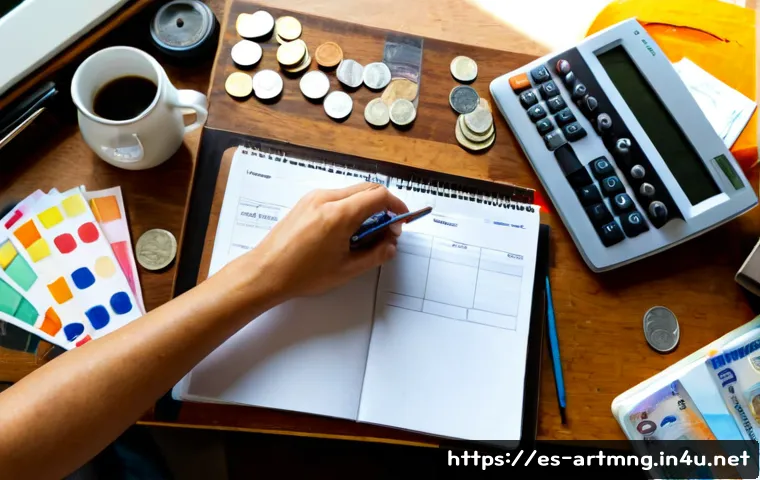 예술가를 위한 재정 관리 - Photorealistic overhead view of a Spanish-speaking freelance painter organizing personal finances at...