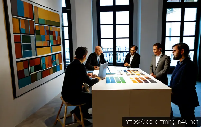 Home 17 아트 페어 기획 및 운영 - Photorealistic behind-the-scenes planning meeting for a contemporary art fair in Madrid, Spain, dive...