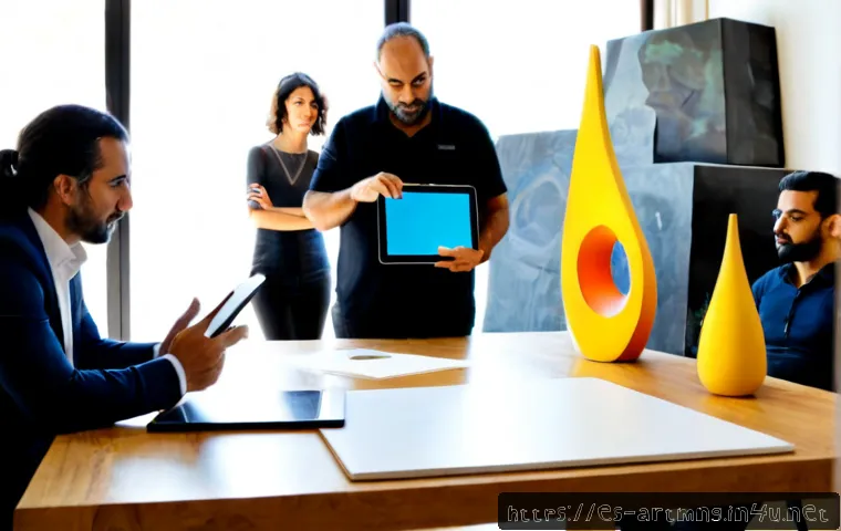 Home 17 예술과 혁신 경영 - Photorealistic creative strategy meeting in a sunlit contemporary design studio in Barcelona, divers...